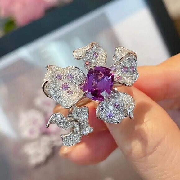 NWT Statement Ring Orchid Flower S925 Sterling Silver CZ Open Adjustable - Picture 4 of 13